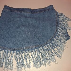 Fringed Blue Denim Mini Skirt - Women Jeans